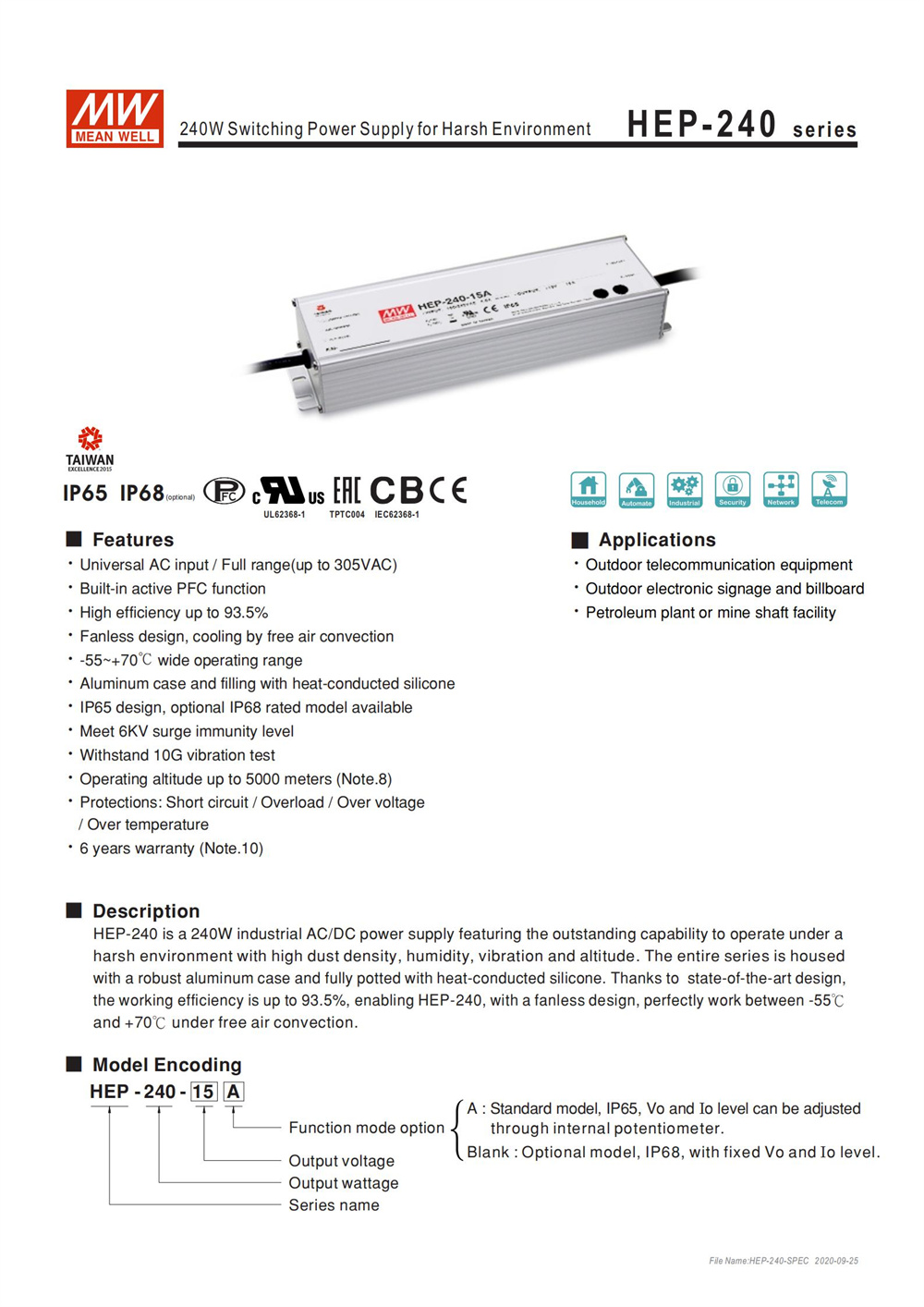 MEAN WELL HEP-240-12A, High Ef - đánh giá và giá Outdoor Power Supply 12V